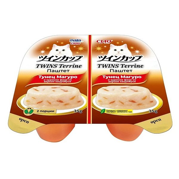 INABA Twins паштет д/кошек тунец Магуро, кур.филе со вкусом кацуобуси,70г(35г х 2шт)