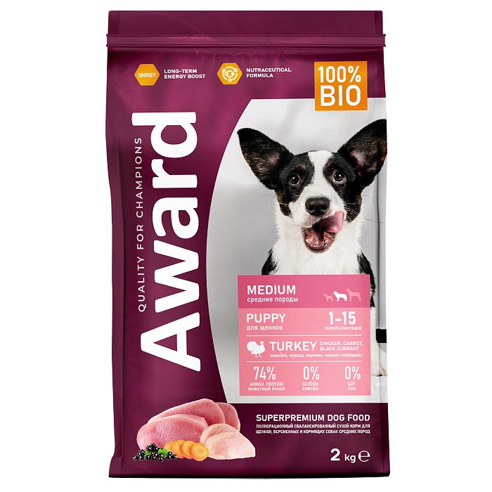 Сухой корм AWARD 2кг для щенков от 1 мес, берем/корм. сук средних пород с индейкой и курицей с