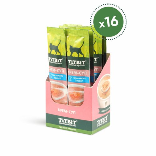 ЛАКОМСТВО "TITBIT" Д/КОШЕК КРЕМ-СУП С КУСОЧКАМИ ЛОСОСЯ 10г (16шт) 014639 1/16