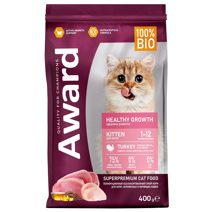 Сухой корм AWARD Healthy growth для котят от 1 месяца, берем/корм. кошек с индейкой и кур 400г