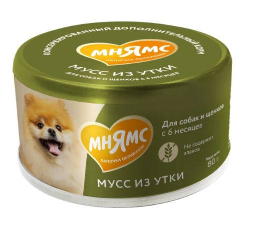 Влажный дополнительный корм Мнямс Мусс из утки для собак и щенков старше 6 месяцев 80 г