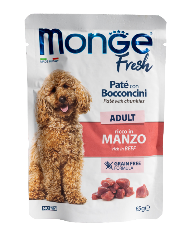 Влажный корм Monge Dog Fresh для взрослых собак, паштет с кусочками говядины, паучи 85 г