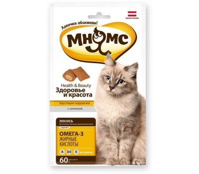 Мнямс: хрустящие подушечки "Здоровье и красота" с лососем д/кошек 60г