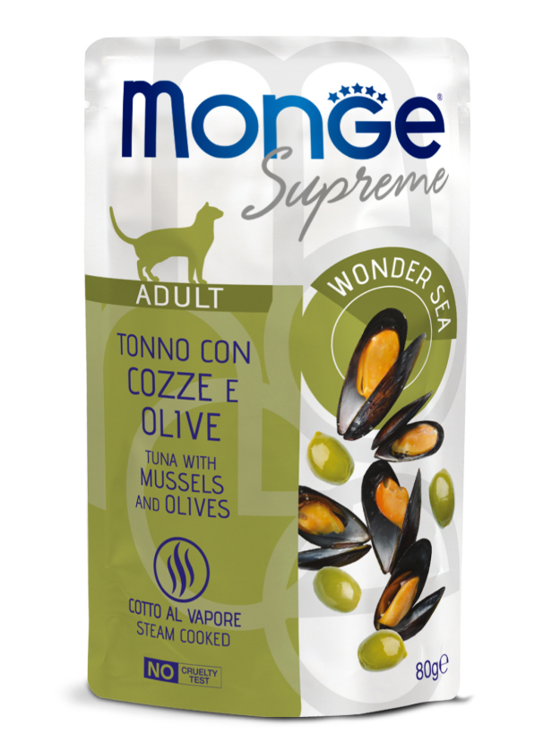 Влажный корм Monge Supreme Adult cat для взрослых кошек с мидиями и оливками, паучи 80 г