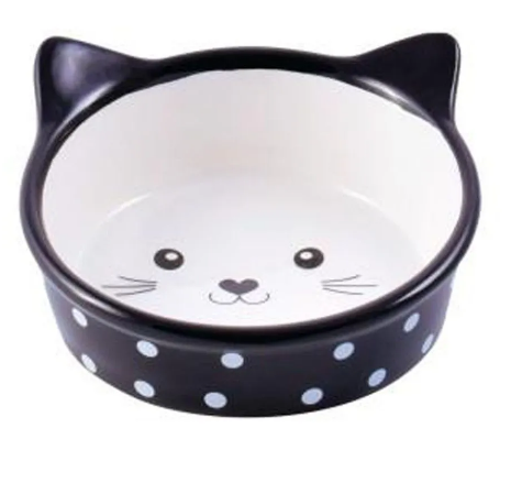 Миска Mr.Kranch керамическая для кошек Мордочка кошки 250 мл черная в горошек
