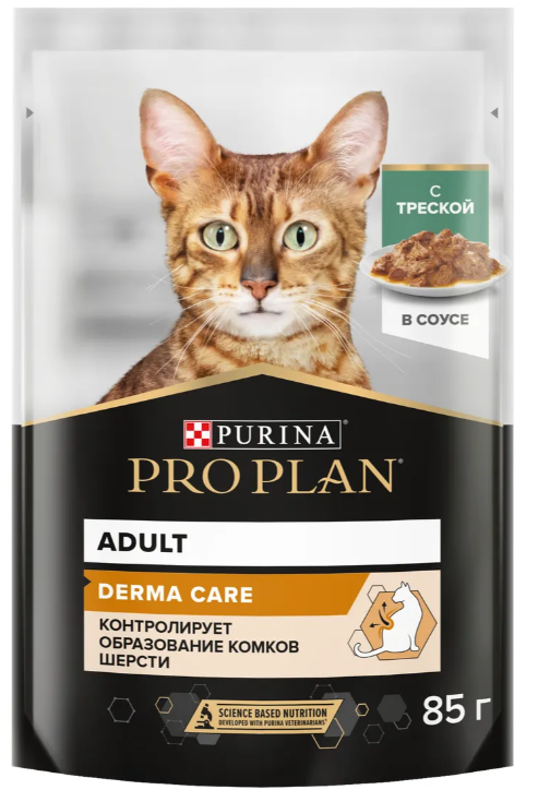 PRO PLAN для кошек для поддержания здововья кожи и шерсти с треской в соусе 85г