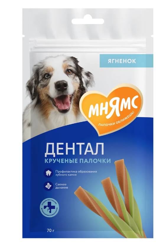 Мнямс DENTAL лакомство для собак "Крученые палочки" с ягненком и мятой 70 г