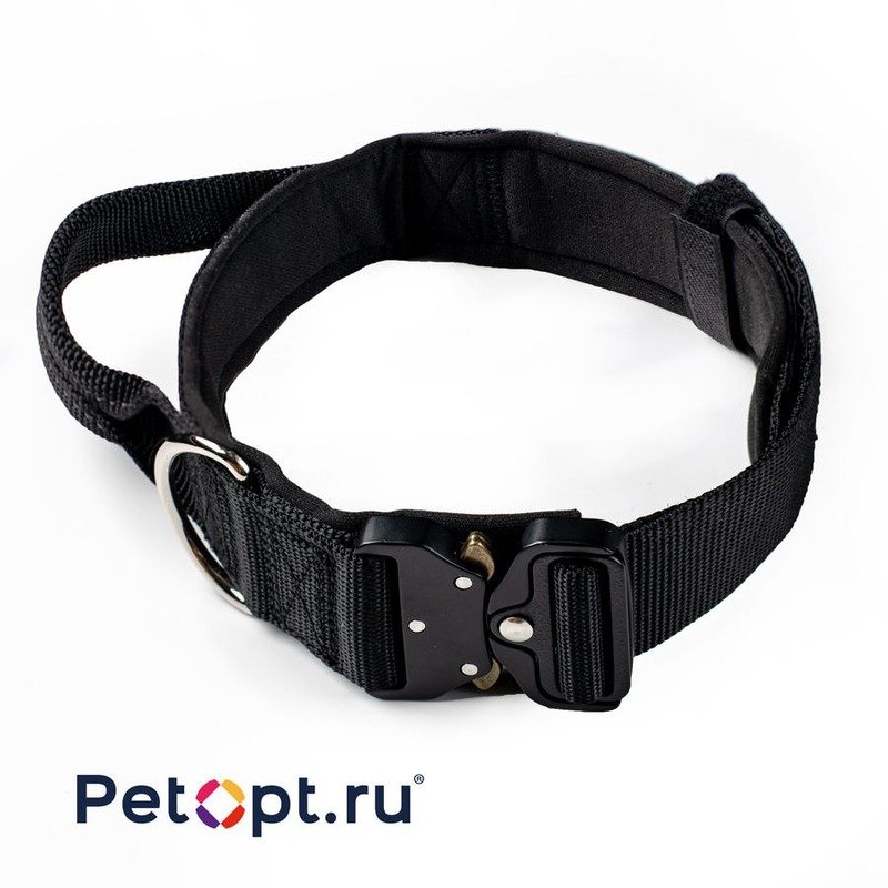 10010085 PetOpt Ошейник для собак светоотражающий нейлон с ручкой Черный M-48-53*45mm. Фастекс метал
