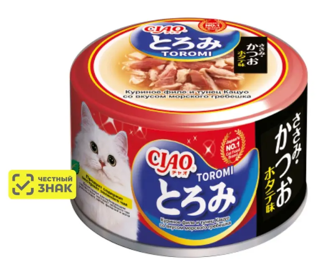 INABA Toromi корм влаж д/кошек кур.филе,тунец Кацуо вкус морс греб/бульон конс 80г