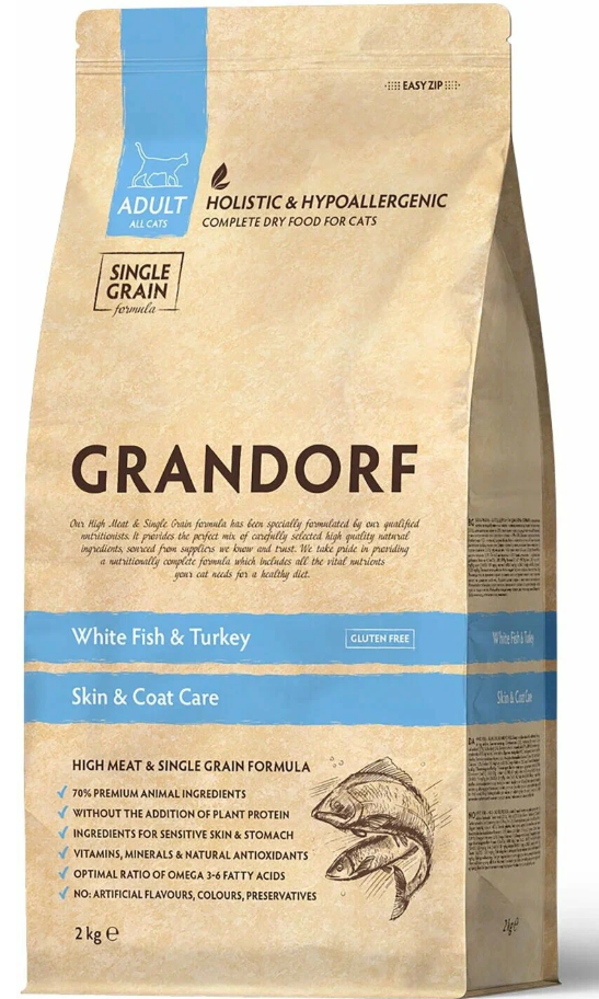 NEW GRANDORF CAT White Fish & Turkey SKIN & CARE (белая рыба с индейкой-забота о коже и шерсти) 2кг