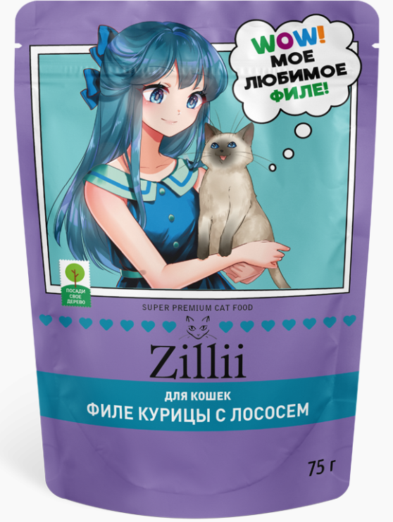 Зилли пауч Мясные волокна д/кош стерил. желе курица с лососем 75гр