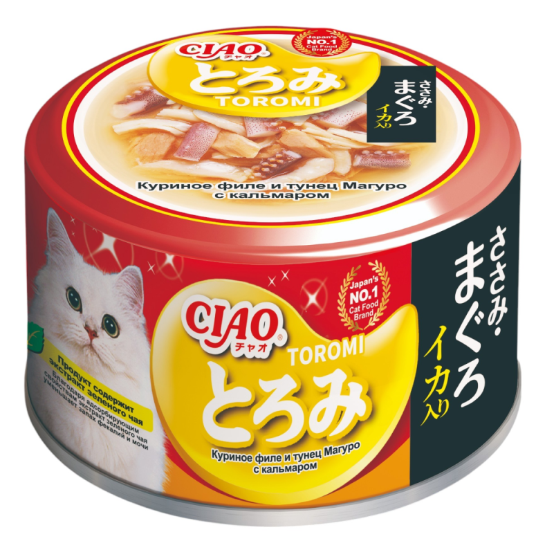 INABA CIAO Корм влаж. д/кошек Toromi Куриное филе и тунец Магуро с кальмаром в бульоне консервы 80г