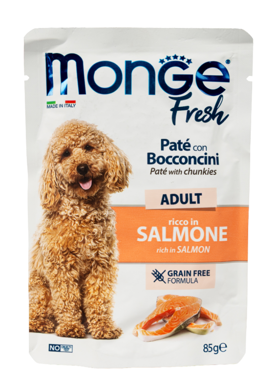 Влажный корм Monge Dog Fresh для взрослых собак, паштет с кусочками лосося, паучи 85 г
