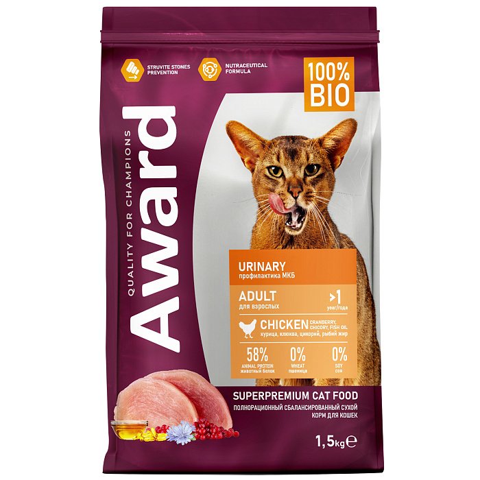 Сухой корм AWARD Urinary для взр.кошек для проф. мочекам. с курицей 1.5кг