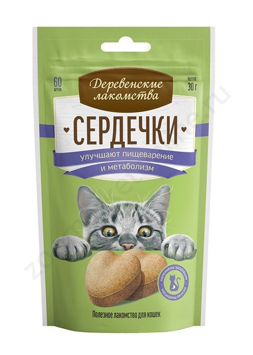 "ДЕРЕВЕНСКИЕ ЛАКОМСТВА" Д/КОШЕК СЕРДЕЧКИ (УЛУЧШ.ПИЩЕВАРЕНИЕ И МЕТАБОЛИЗМ) 30г 76050748