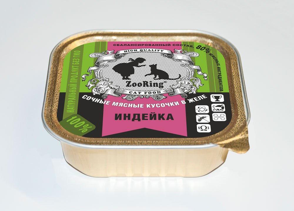 Консервы ZooRing для кошек кусочки в желе Индейка, 100 гр