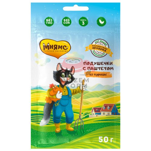 Мнямс Лакомство для кошек «хрустящие подушечки» с паштетом из курицы линии Кот Федор "Фермерская Ярм