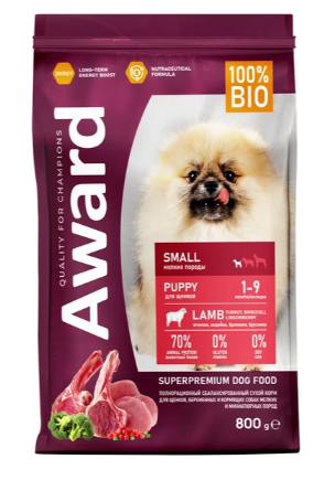 Сухой корм AWARD 800гр для щенков от 1 мес, берем/корм. мелких и мин. пород с ягненком и инд