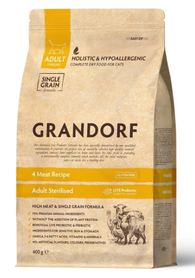 NEW GRANDORF CAT 4 Meat PRIBIOTIC STERILISED (4 мяса с прибиотиками для кошек) 400гр
