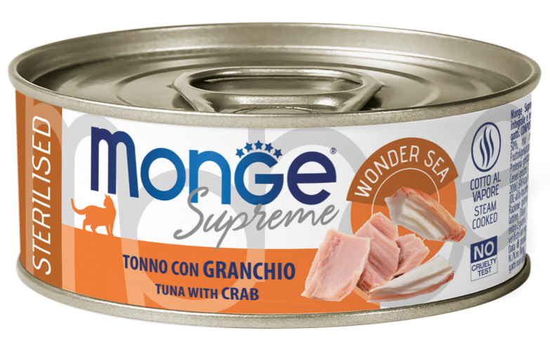 Влажный корм Monge Supreme sterilized для стерилизованных кошек из тунца с крабом, консервы 80 г