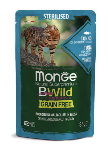 Monge Cat BWild GRAIN FREE паучи из тунца с креветками и овощами для стерилизованных кошек 85г