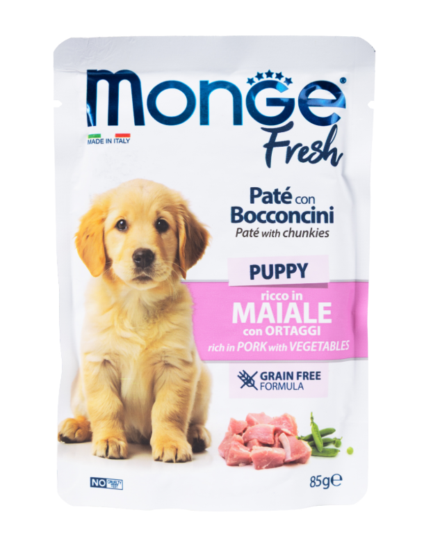 Влажный корм Monge Dog Fresh для щенков, паштет с кусочками свинины и овощами, паучи 85 г