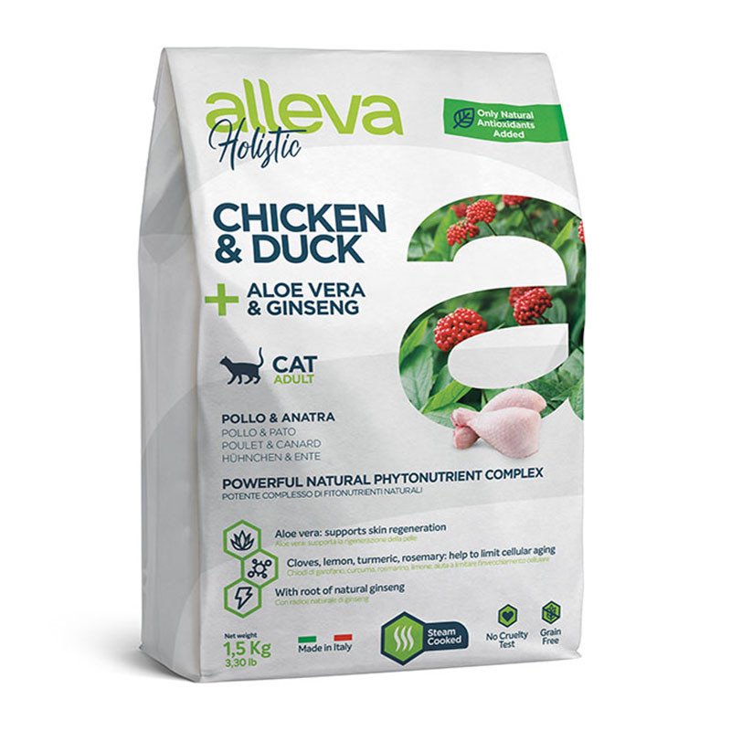 Корм для взрослых кошек Аллева Холистик с курицей и уткой, алое вера и женьшенем 1,5 кг