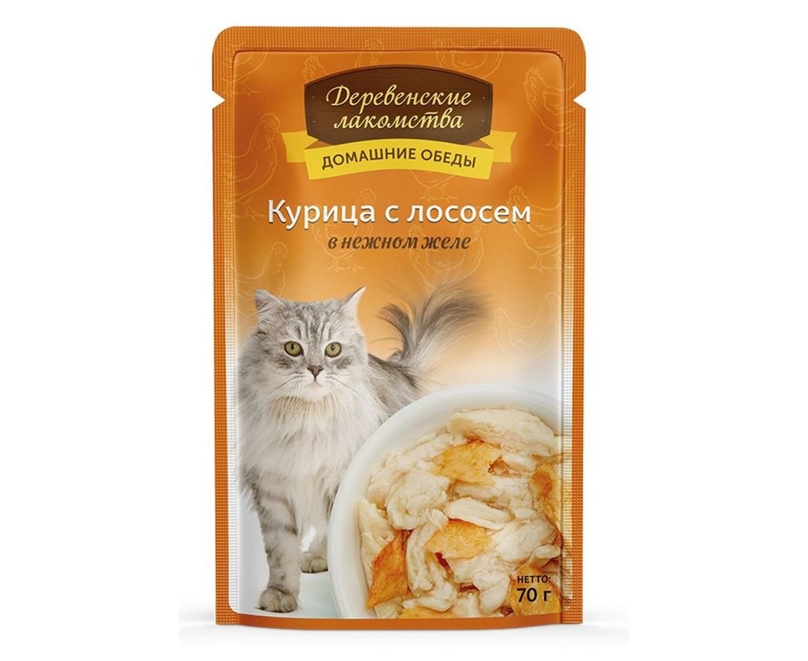"ДЕРЕВЕНСКИЕ ЛАКОМСТВА" ПАУЧ Д/КОШЕК 70г КУРИЦА С УТКОЙ В НЕЖНОМ ЖЕЛЕ 74500646