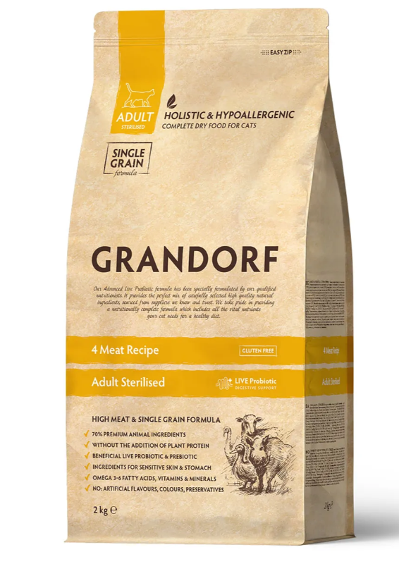 NEW GRANDORF CAT 4 Meat PRIBIOTIC STERILISED (4 мяса с прибиотиками для кошек) 2кг