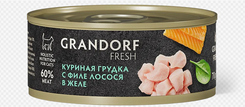 Консервы для кошек Grandorf FRESH Куриная грудка с филе лосося в желе 70 г