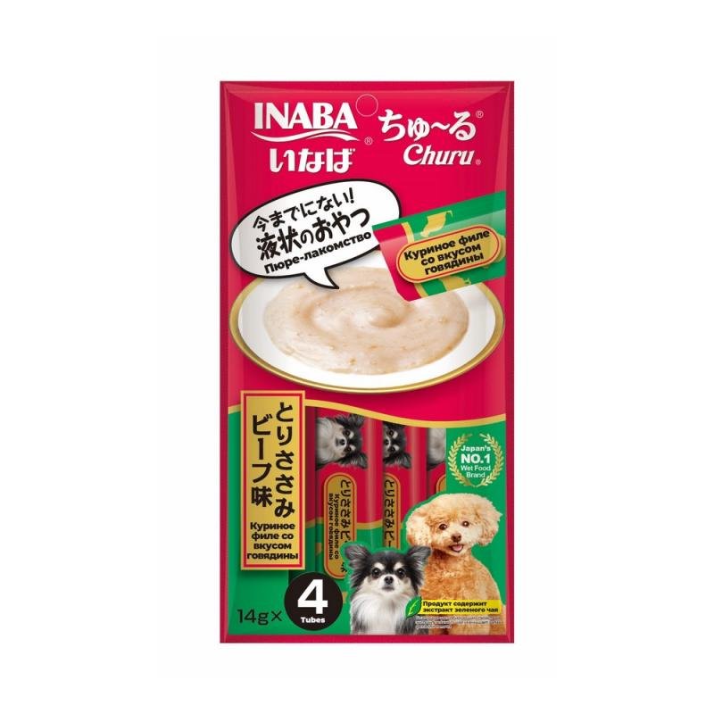 INABA Лакомство-пюре для собак Churu Куриное филе для со вкусом говядины 14г