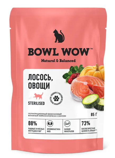 "BOWL WOW" ПАУЧ Д/СТЕРИЛИЗОВАННЫХ КОШЕК (КУСОЧКИ В СОУСЕ С ЛОСОСЕМ И ОВОЩАМИ) 85г 2785
