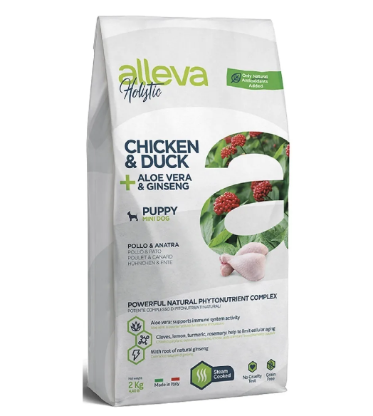Корм для щенков и юниоров Аллева Холистик с курицей и уткой, алое вера и женьшенем. Мини 2 кг
