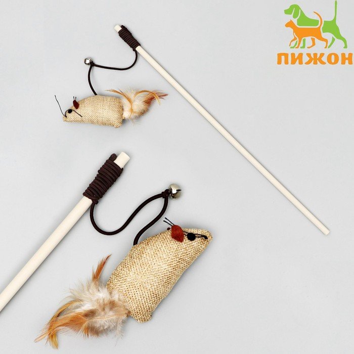 Дразнилка Мышь с перьями на деревянной ручке, 40 см