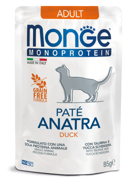 Влажный корм Monge Cat Monoprotein для взрослых кошек, из утки, паучи 85 г