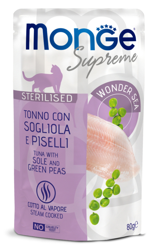 Влажный корм Monge Supreme sterilized cat для стерилизованных кошек тунец с желтоперой камбалой и зе