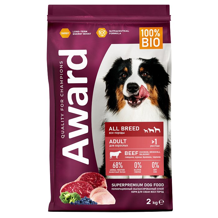 Сухой корм AWARD для вз.собак всех пород с говядиной и курицей брокколи 2кг