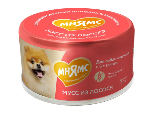 Влажный дополнительный корм Мнямс Мусс из лосося для собак и щенков старше 6 месяцев 80 г