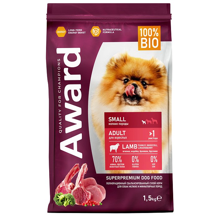 Сухой корм AWARD взр/собак мел/мини пород с ягненком и индейкой 1.5кг