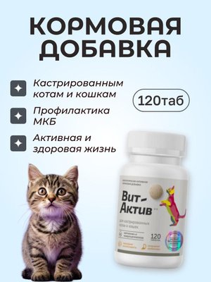 БИОЛОГИЧЕСКИ АКТИВНАЯ КОРМОВАЯ ДОБАВКА ВИТ-АКТИВ К-К Д/КАСТРИРОВАННЫХ КОТОВ И КОШЕК 120таб