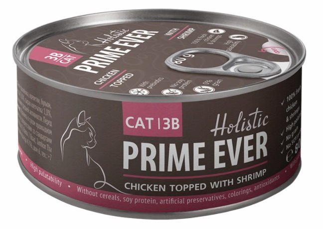Prime Ever 3B Цыпленок с креветками в желе влажный корм для кошек жестяная банка 0,08 кг