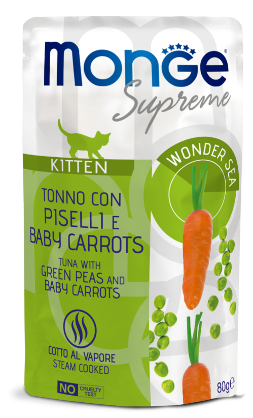 Влажный корм Monge Supreme kitten для котят из тунца с зелёным горошком и мини-морковью, паучи 80 г