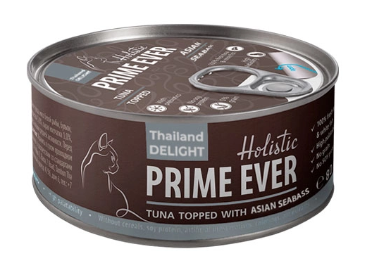 Prime Ever 7B Тунец с азиатским сибасом  в желе влажный корм для кошек жестяная банка 0,08 кг