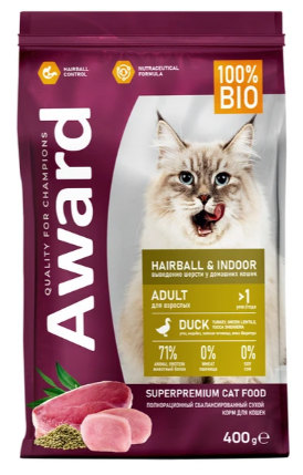 Сухой корм AWARD Hairball & Indoor для взрослых кошек для выведения шерсти с уткой и индейкой 1.5кг