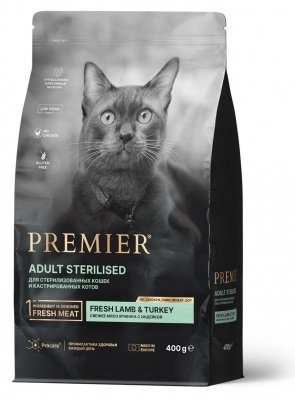 Premier Cat Lamb & Turkey STERILISED (Свежее мясо ягненка с индейкой для кошек) 400 г