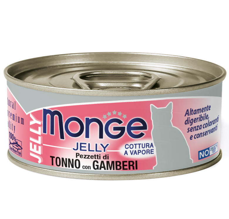 Влажный корм Monge jelly Adult cat для взрослых кошек с желтоперым тунцом и креветками, консервы 80
