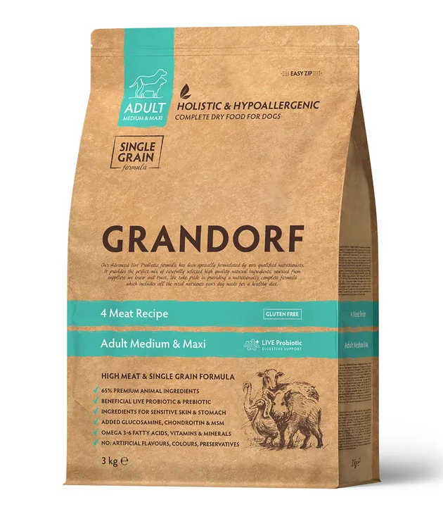 NEW GRANDORF DOG 4 Meat MED & MAXI (4 мяса с прибиотиками для средних и крупных пород) 3кг