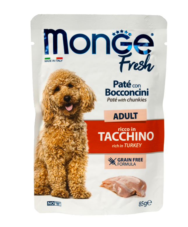 Влажный корм Monge Dog Fresh для взрослых собак, паштет с кусочками индейки, паучи 85 г