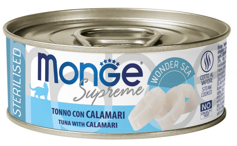 Влажный корм Monge Supreme sterilized для стерилизованных кошек из тунца с кальмаром, консервы 80 г
