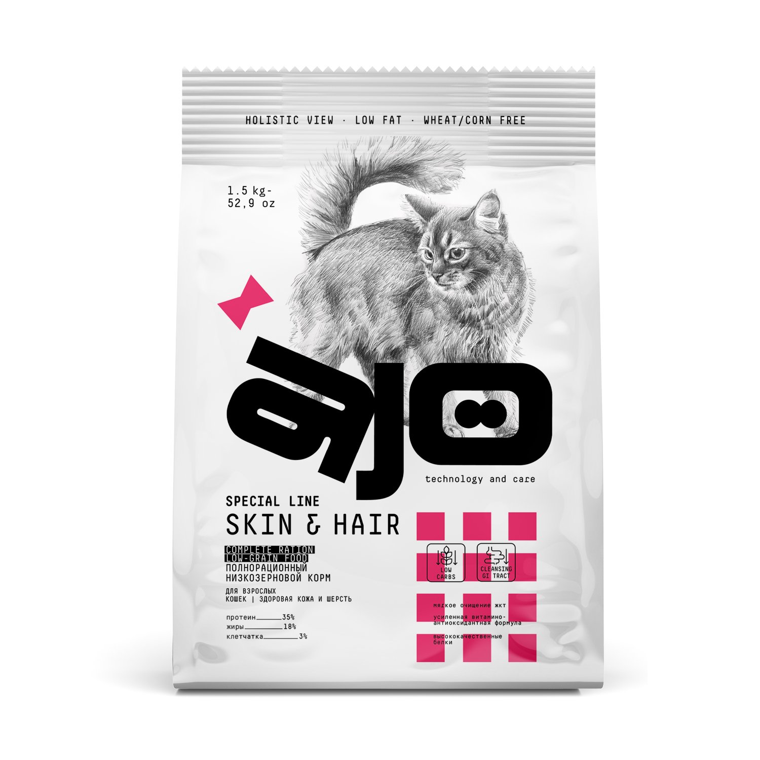 КОРМ AJO ДЛЯ КОШЕК ЗДОРОВАЯ КОЖА И КРАСИВАЯ ШЕРСТЬ 1.5кг